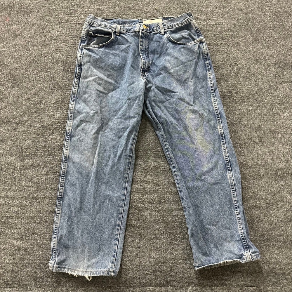 Wrangler Jeans Mens Size 36 Blue Flame Resistant FR Relaxed Workwear Distressed